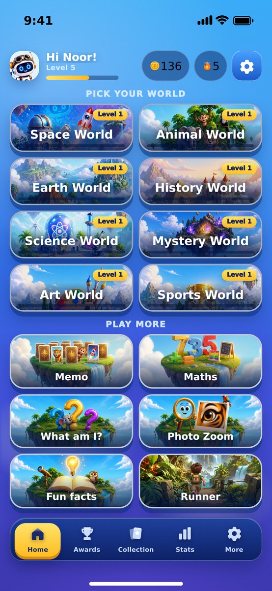 The Kwizillo home screen with the eight worlds and the games