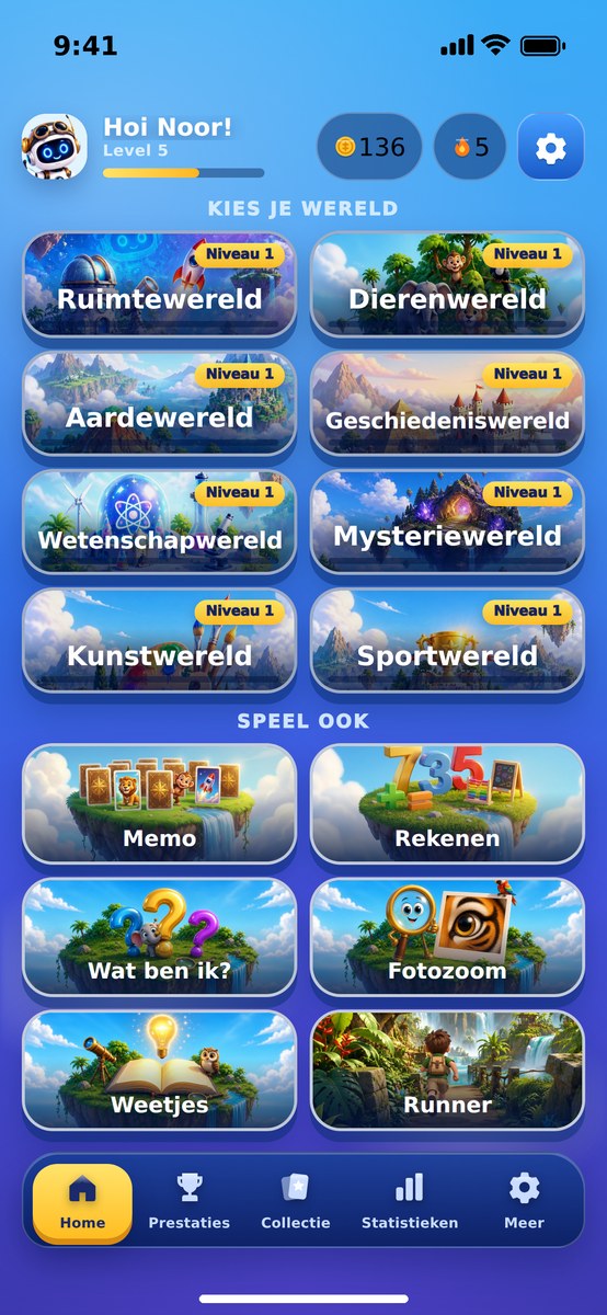 Het beginscherm van Kwizillo met de acht werelden en de spellen