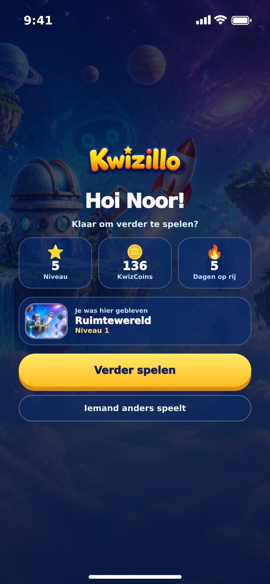 Het terugkeerscherm: Hoi Noor, klaar om verder te spelen?